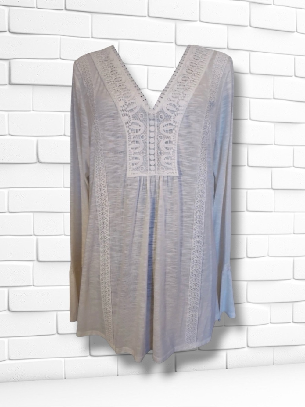 World Unity Tunic Top Cream Ivory Crochet Lace Trim Boho Coastal Grandma L NWT